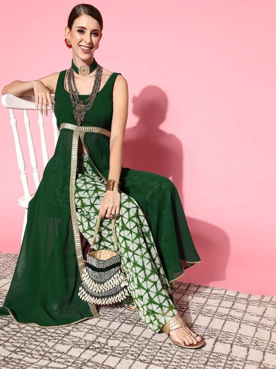 Women Green Solid Tunic With Printed Palazzos - Inddus.com