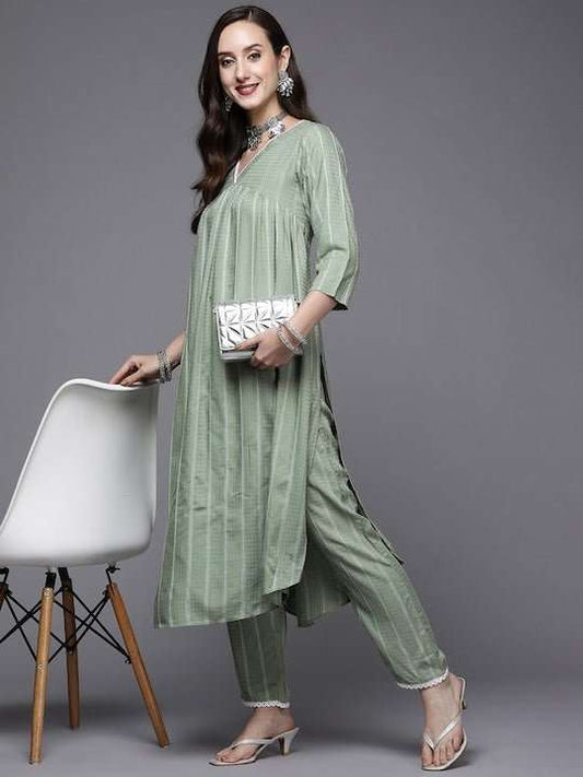 Women Green Striped Pleated Kurta with Trousers - Inddus.com