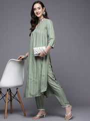 Women Green Striped Pleated Kurta with Trousers - Inddus.com