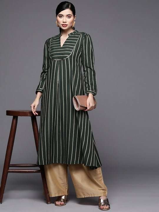 Women Green Striped Pure Cotton Kurta - Inddus.com