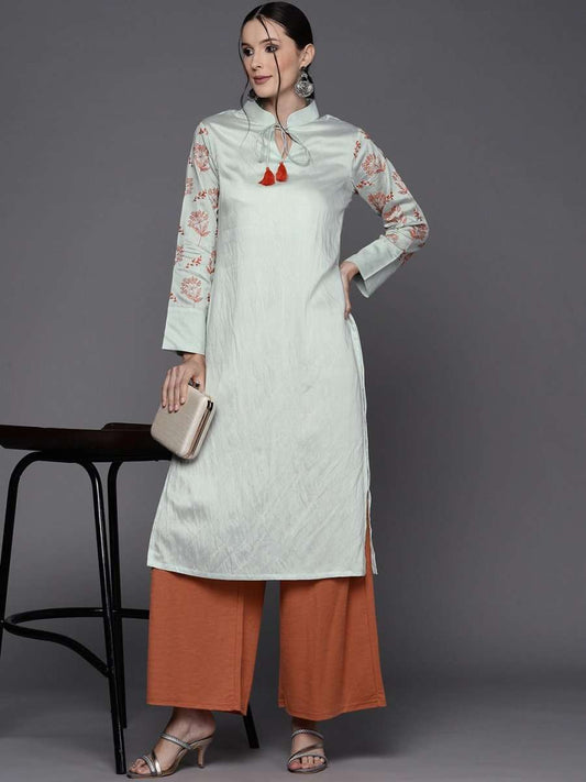 Women Green Tie-Up Neck Kurta - Inddus.com