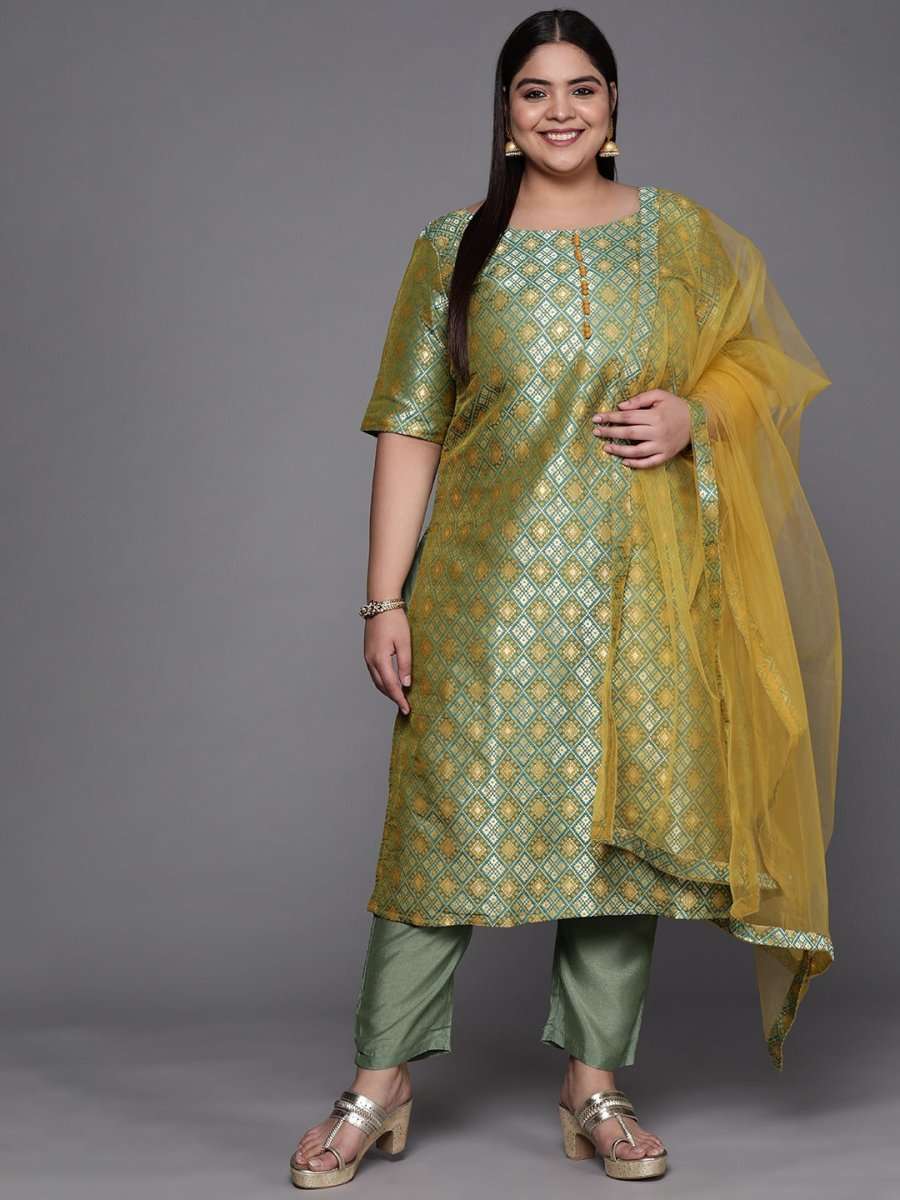 Women Green Woven Design Kurta with Trousers & With Dupatta - Inddus.com
