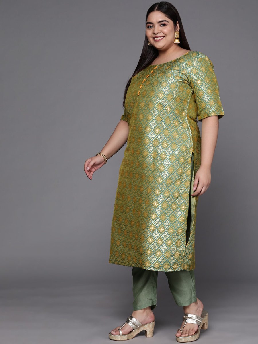 Women Green Woven Design Kurta with Trousers & With Dupatta - Inddus.com