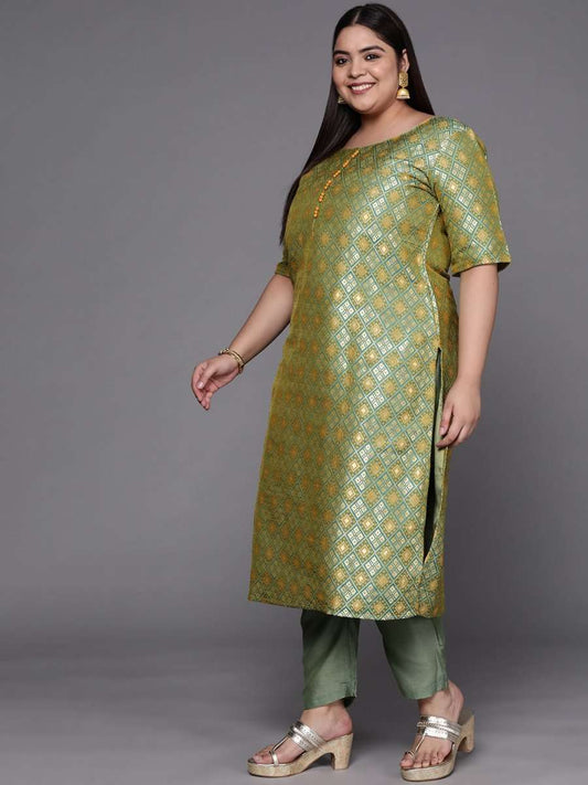 Women Green Woven Design Kurta with Trousers & With Dupatta - Inddus.com