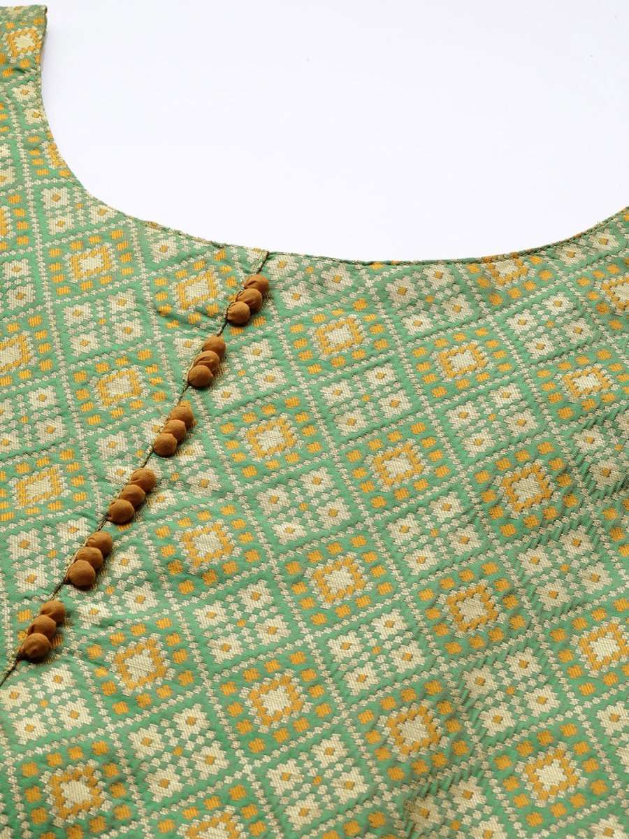Women Green Woven Design Kurta with Trousers & With Dupatta - Inddus.com