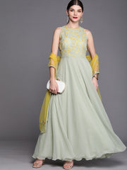 Women Green & Yellow Floral Yoke Design Georgette Anarkali Kurta with Dupatta - Inddus.com
