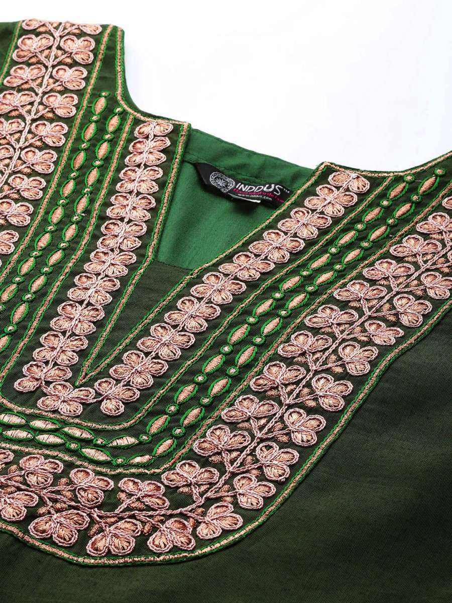 Women Green Yoke Design Chanderi Cotton Kurta with Trousers & With Dupatta - Inddus.com