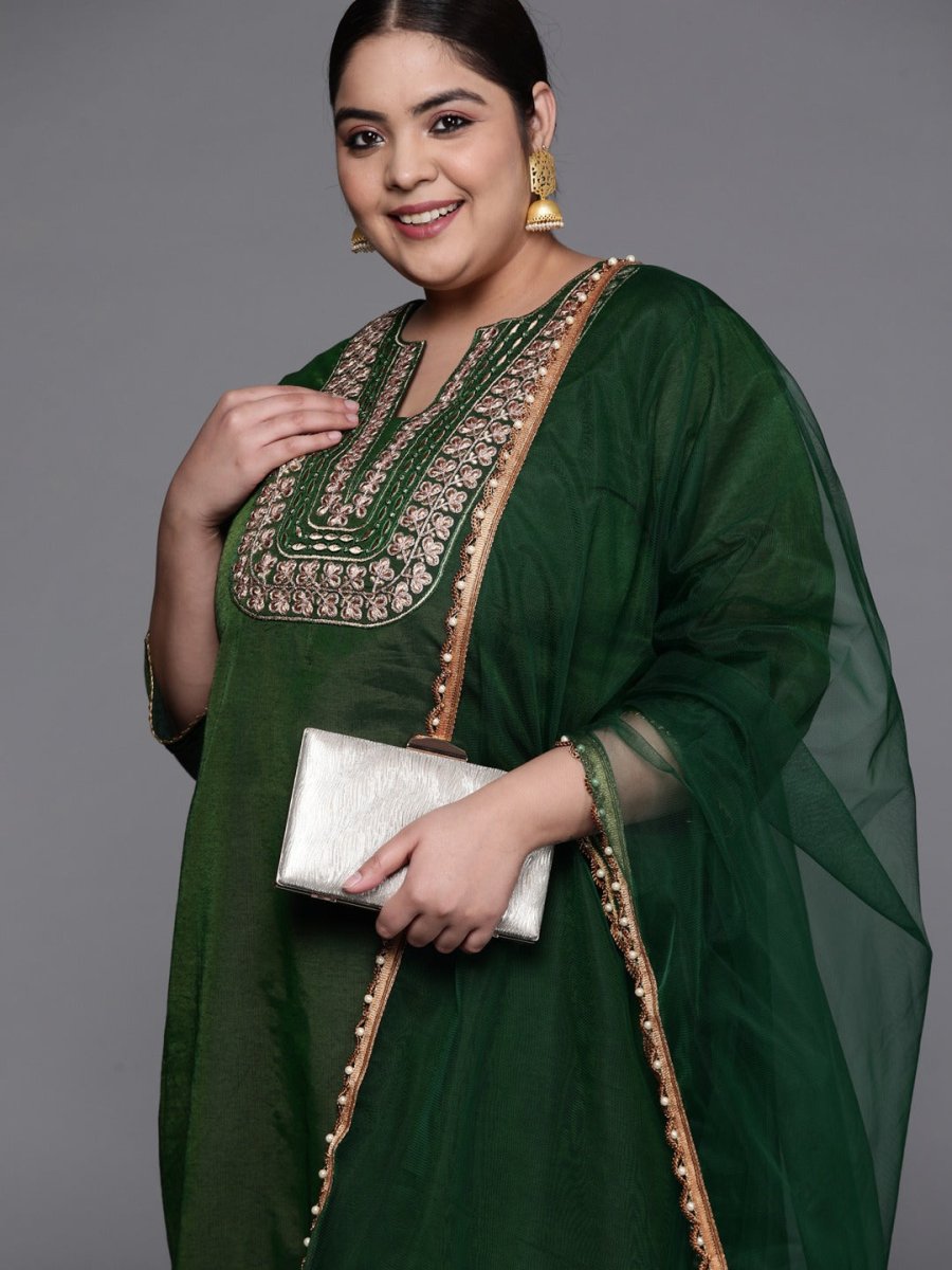 Women Green Yoke Design Chanderi Cotton Kurta with Trousers & With Dupatta - Inddus.com