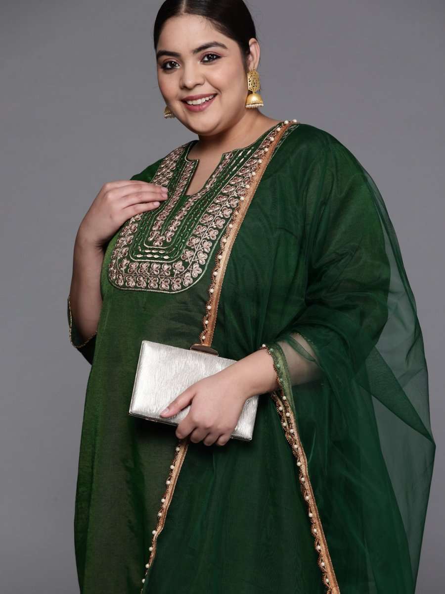 Women Green Yoke Design Chanderi Cotton Kurta with Trousers & With Dupatta - Inddus.com
