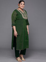 Women Green Yoke Design Chanderi Cotton Kurta with Trousers & With Dupatta - Inddus.com