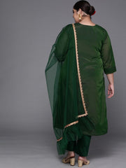Women Green Yoke Design Chanderi Cotton Kurta with Trousers & With Dupatta - Inddus.com