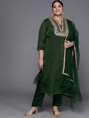 Women Green Yoke Design Chanderi Cotton Kurta with Trousers & With Dupatta - Inddus.com