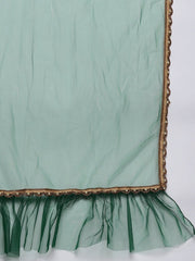 Women Green Yoke Design Chanderi Cotton Kurta with Trousers & With Dupatta - Inddus.com