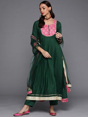 Women Green Yoke Design Pleated Sequinned Kurta with Trousers & With Dupatta - Inddus.com