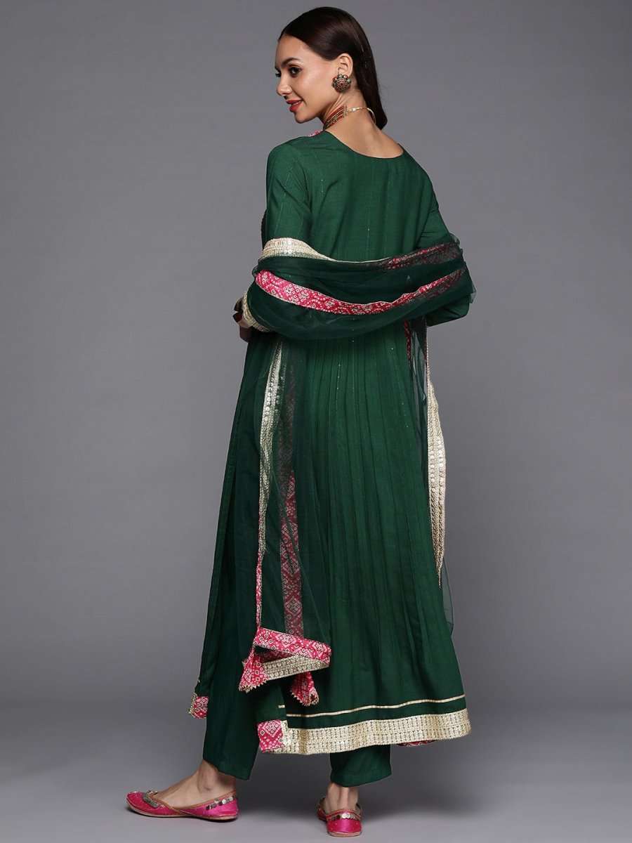 Women Green Yoke Design Pleated Sequinned Kurta with Trousers & With Dupatta - Inddus.com
