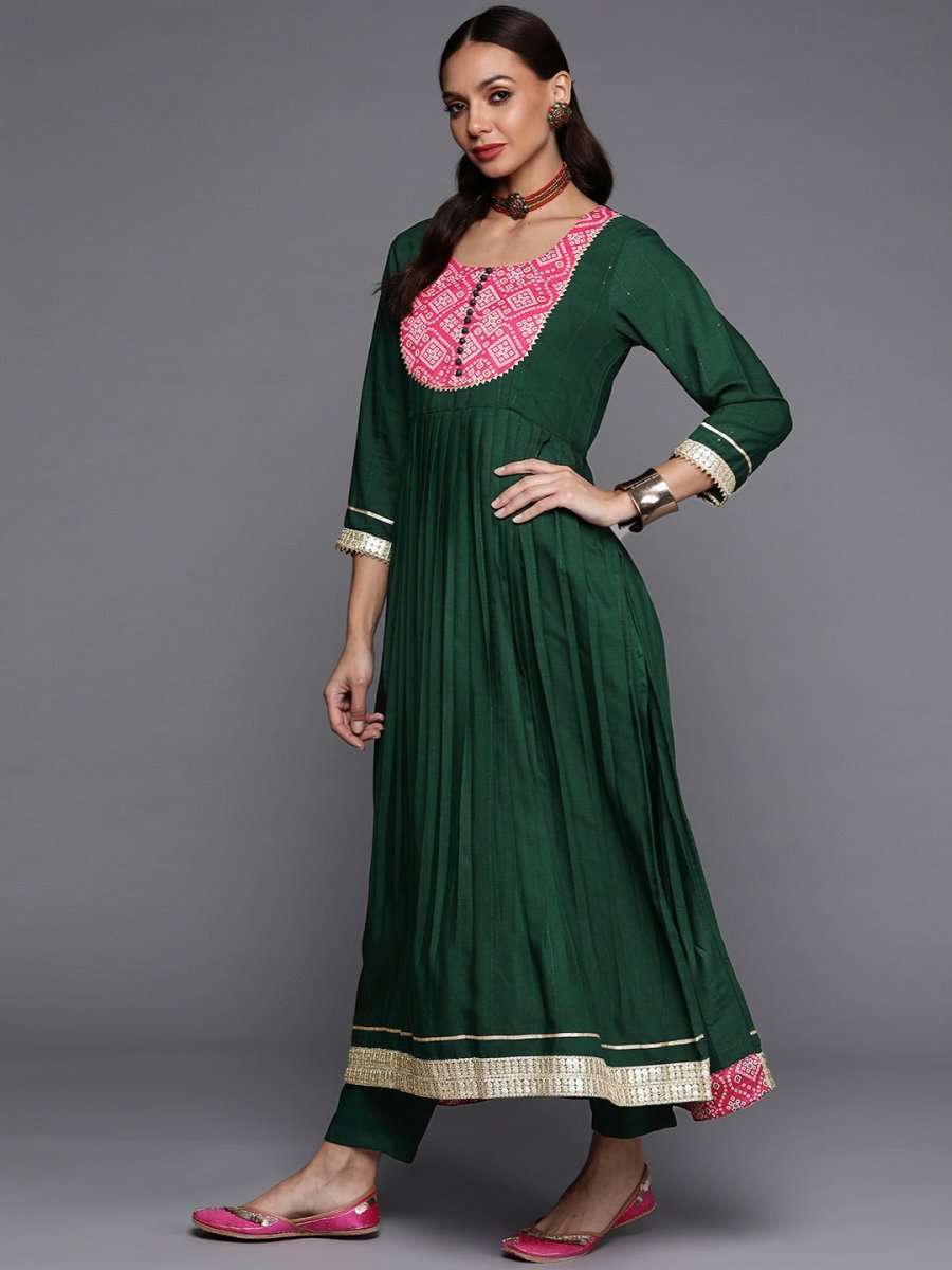 Women Green Yoke Design Pleated Sequinned Kurta with Trousers & With Dupatta - Inddus.com