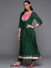 Women Green Yoke Design Pleated Sequinned Kurta with Trousers & With Dupatta - Inddus.com