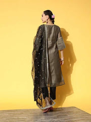 Women Grey Embroidered Chanderi Cotton Kurta with Trousers & With Dupatta - Inddus.com