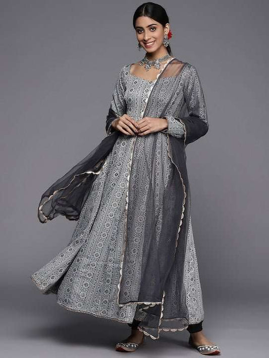 Women Grey Ethnic Motifs Kurta with Trousers & With Dupatta - Inddus.com