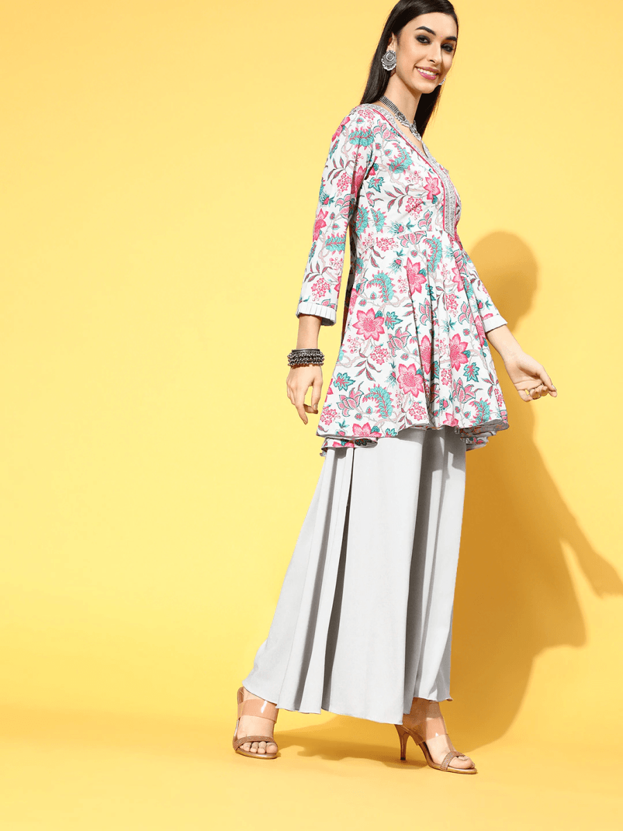 Women Grey & Pink Ethnic Printed Kurta with Palazzos - Inddus.com