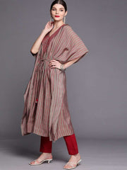 Women Grey & Pink Yoke Design Extended Sleeves Thread Work Kaftan Kurta - Inddus.com