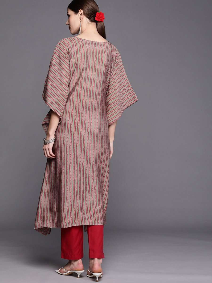 Women Grey & Pink Yoke Design Extended Sleeves Thread Work Kaftan Kurta - Inddus.com