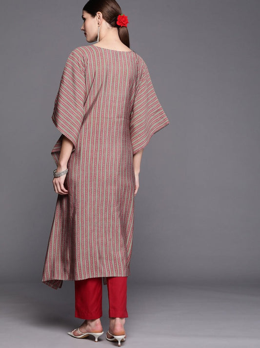 Women Grey & Pink Yoke Design Extended Sleeves Thread Work Kaftan Kurta - Inddus.com