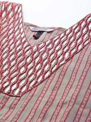 Women Grey & Pink Yoke Design Extended Sleeves Thread Work Kaftan Kurta - Inddus.com
