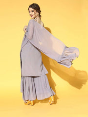 Women Grey Sequinned Kurta with Sharara & Dupatta - Inddus.com