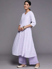 Women Lavender Embroidered Chikankari Kurta with Palazzos & With Dupatta - Inddus.com