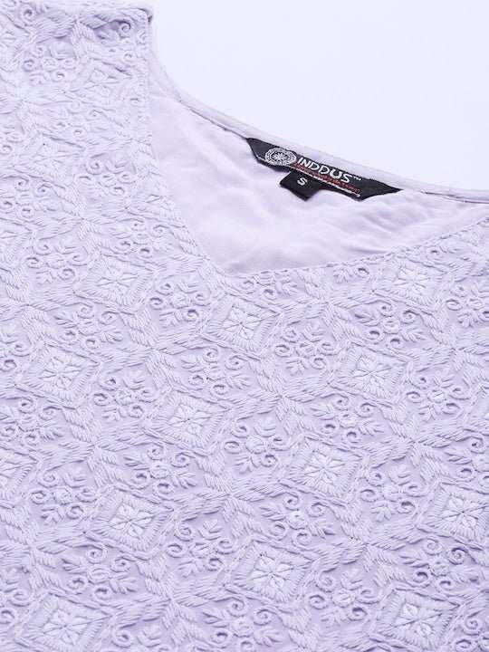 Women Lavender Embroidered Chikankari Kurta with Palazzos & With Dupatta - Inddus.com