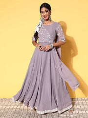 Women Lavender Floral Embroidered Tie up Kurta with Dupatta - Inddus.com