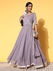 Women Lavender Floral Embroidered Tie up Kurta with Dupatta - Inddus.com