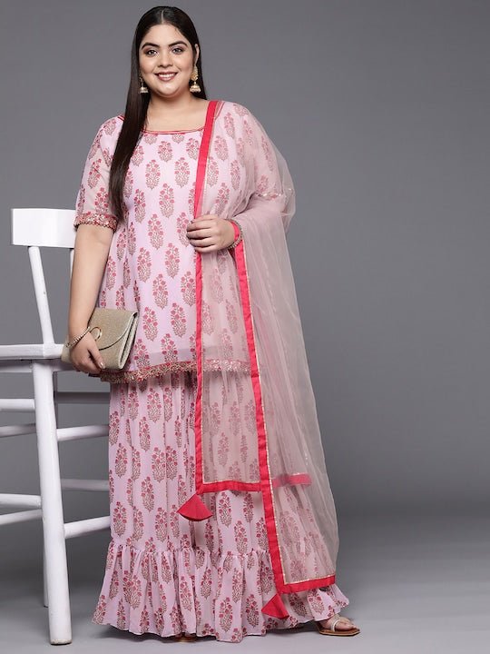 Women Lavender Floral Printed Kurta with Sharara & With Dupatta - Inddus.com