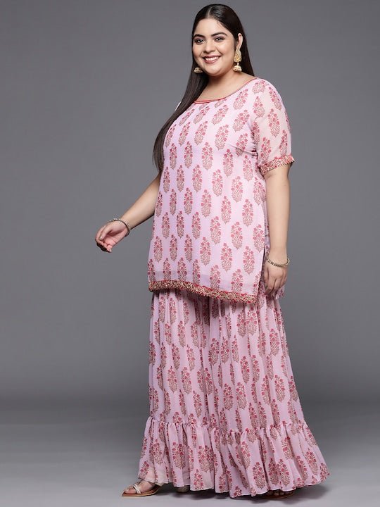 Women Lavender Floral Printed Kurta with Sharara & With Dupatta - Inddus.com