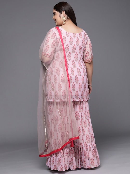 Women Lavender Floral Printed Kurta with Sharara & With Dupatta - Inddus.com