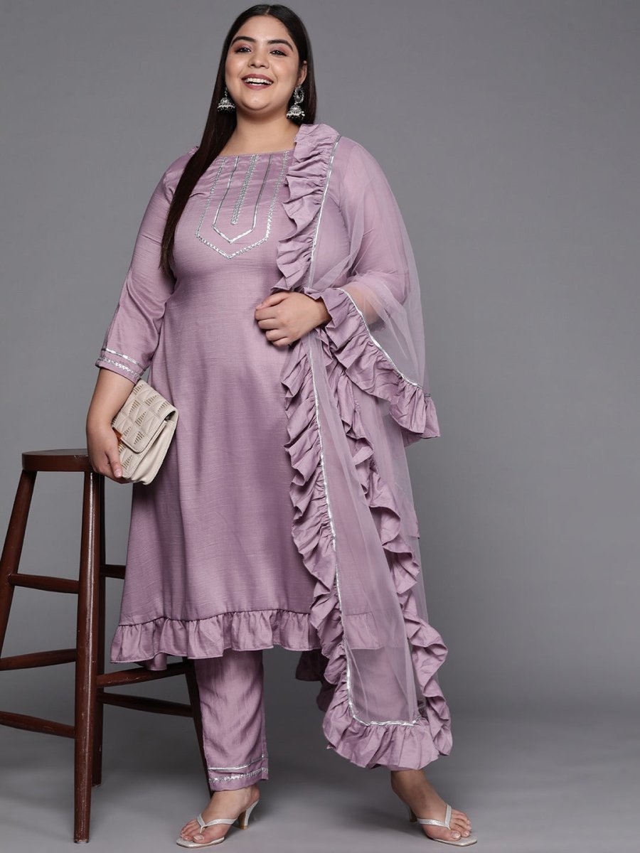 Women Lavender Gotta Patti Kurta with Trousers & With Dupatta - Inddus.com