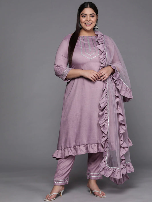 Women Lavender Gotta Patti Kurta with Trousers & With Dupatta - Inddus.com