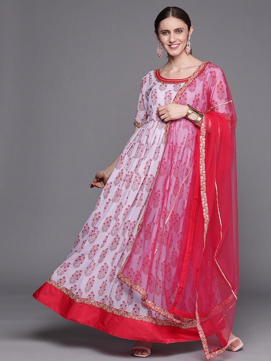 Women Lavender & Pink Ethnic Motifs Printed Georgette Anarkali Kurta With Dupatta - Inddus.com