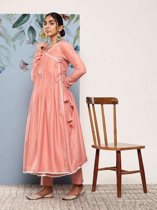 Women Leheriya Angrakha Kurta With Trousers & Dupatta - Inddus.com