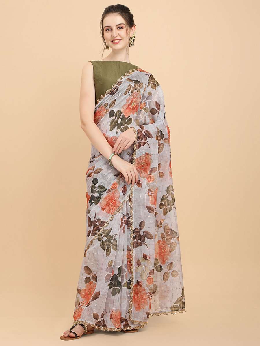 Women Light Grey and Green Checked Chanderi Cotton Saree with Blouse Piece - Inddus.com