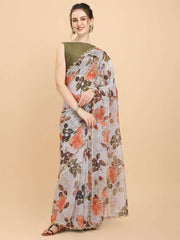 Women Light Grey and Green Checked Chanderi Cotton Saree with Blouse Piece - Inddus.com