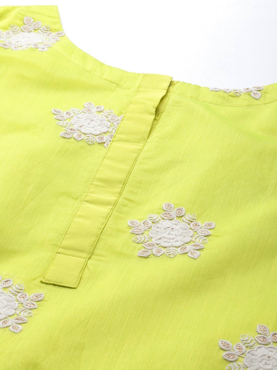Women Lime Green Floral Embroidered Kurta with Trousers & Dupatta - Inddus.com