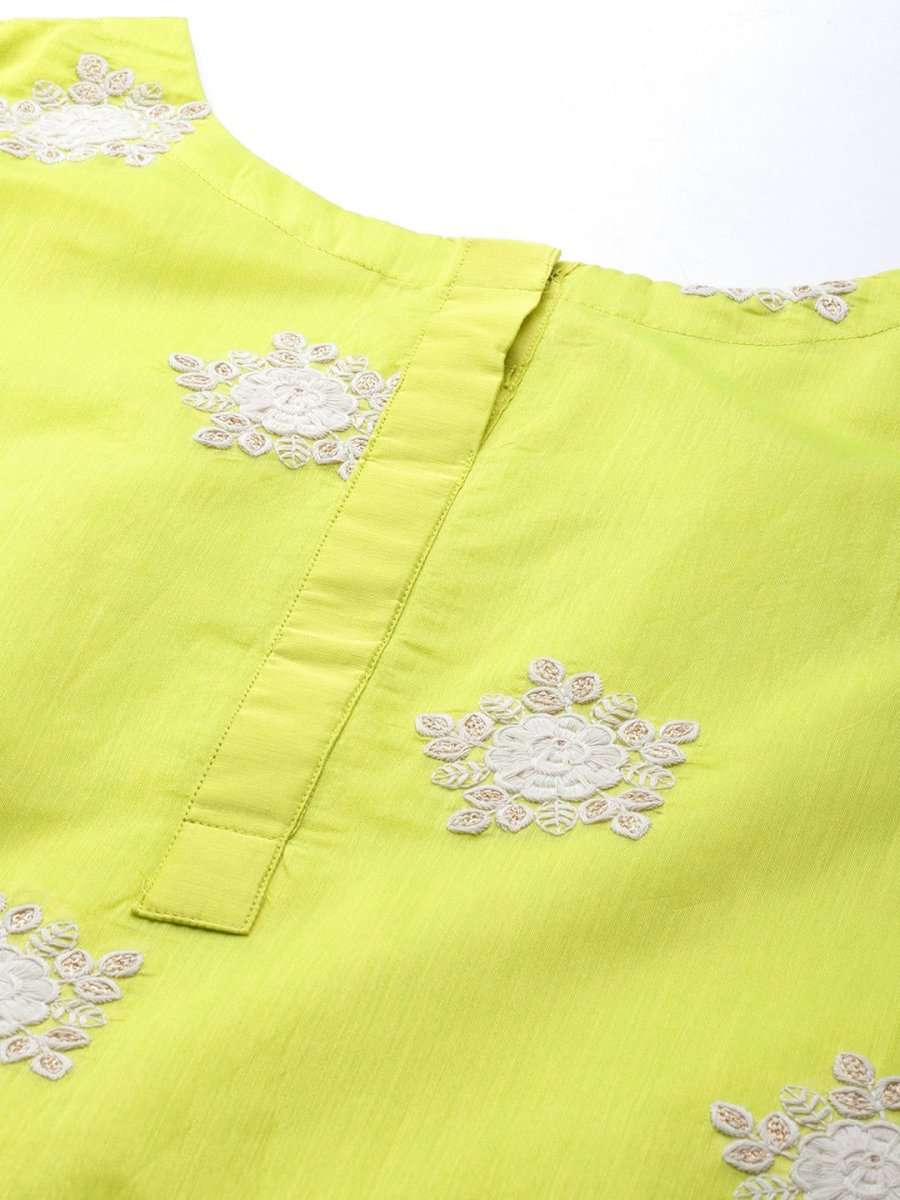 Women Lime Green Floral Embroidered Kurta with Trousers & Dupatta - Inddus.com