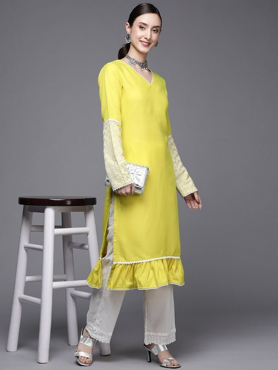 Women Lime Green Thread Work Kurta - Inddus.com