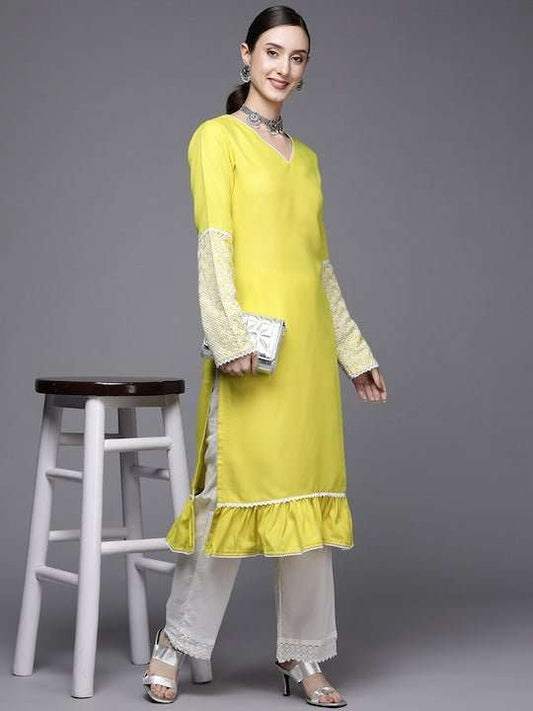 Women Lime Green Thread Work Kurta - Inddus.com