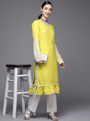 Women Lime Green Thread Work Kurta - Inddus.com