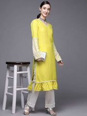Women Lime Green Thread Work Kurta - Inddus.com