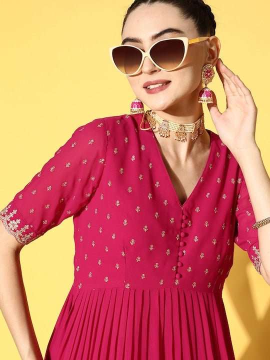 Women Magenta Ethnic Motifs Embroidered Pleated Kurta with Palazzos - Inddus.com