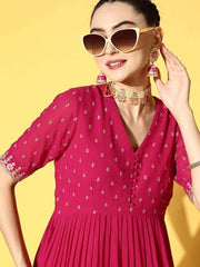 Women Magenta Ethnic Motifs Embroidered Pleated Kurta with Palazzos - Inddus.com